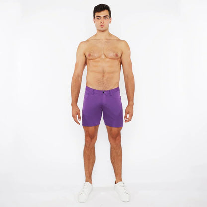Purple stretch knit shorts made of soft breathable fabric designed for comfortable active wear