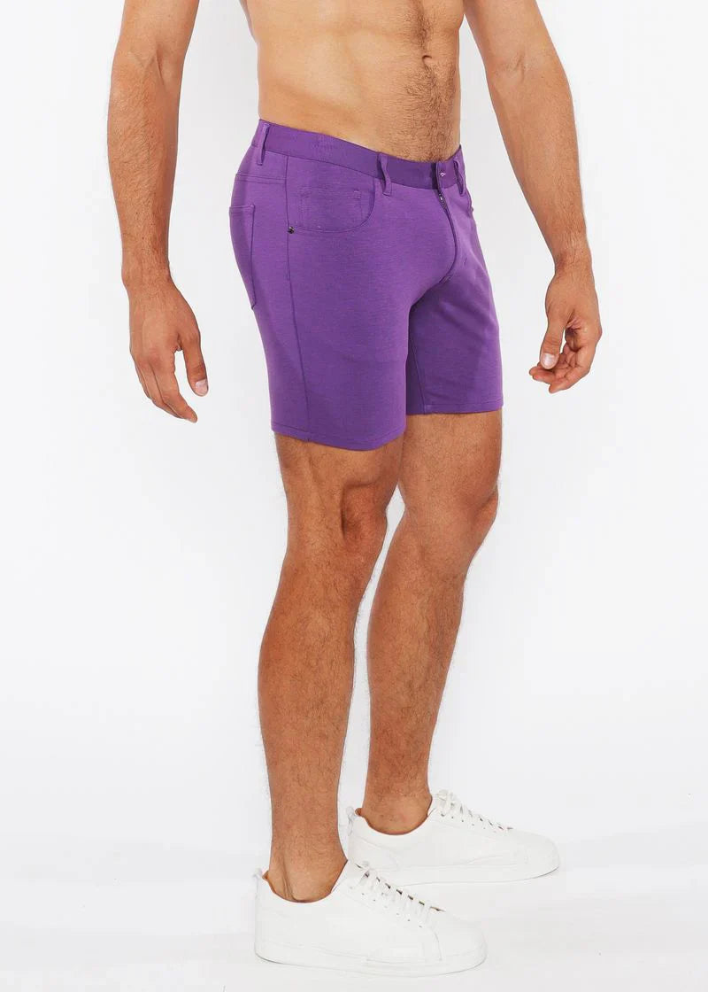 Purple stretch knit shorts for men with tailored fit and classic five-pocket design