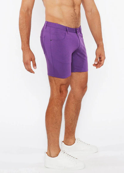 Purple stretch knit shorts for men with tailored fit and classic five-pocket design