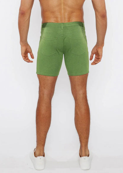Green stretch knit short denim shorts with straight-leg cut and rear pockets shown from the back side