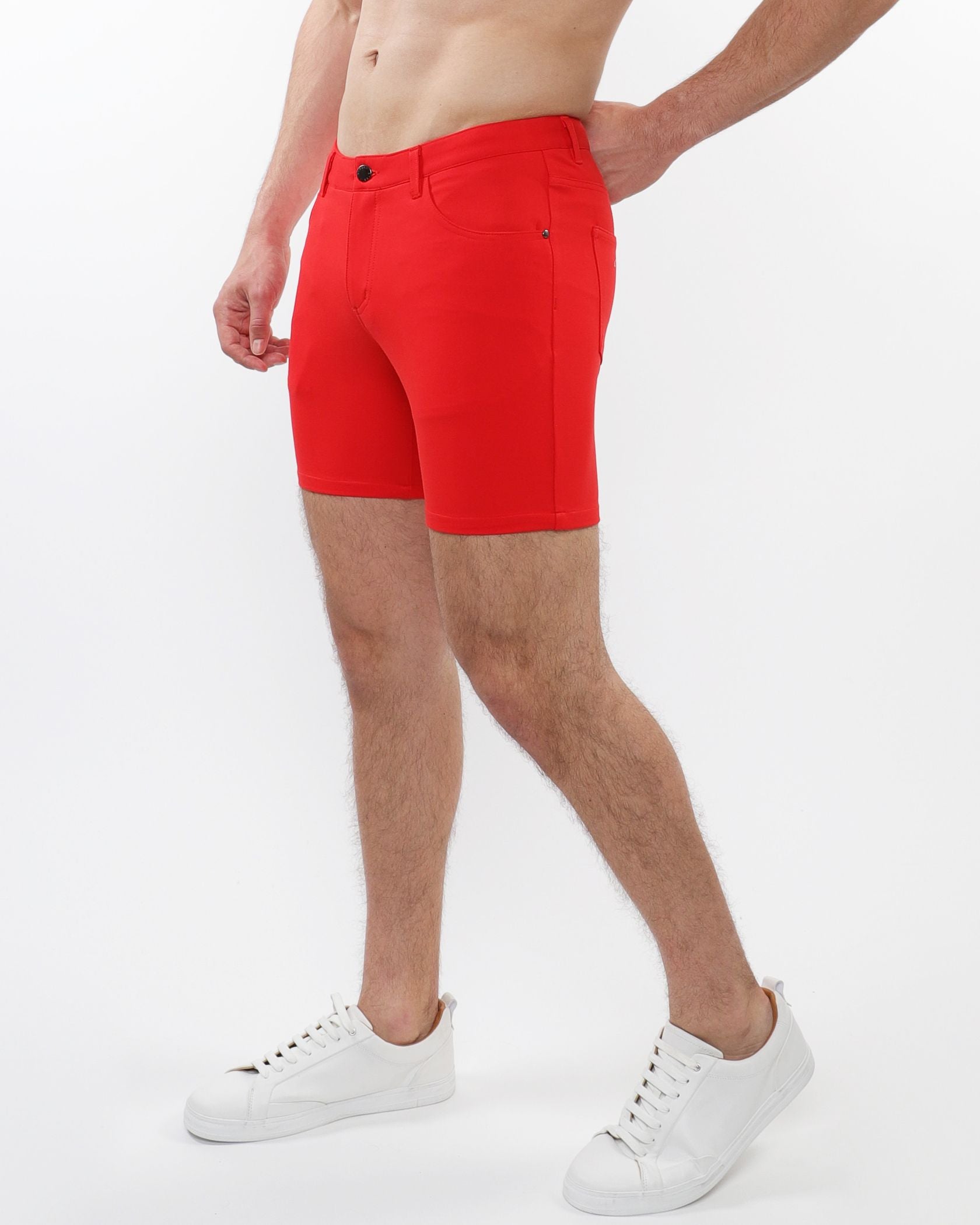 Bright red stretch knit short chino shorts with form-fitting design five pockets and black button closure