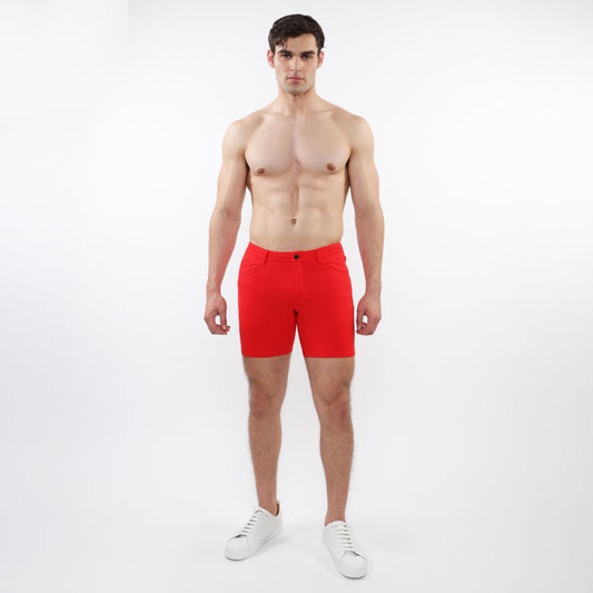 Bright red stretch knit shorts with form-fitting design five pockets and button closure for casual wear