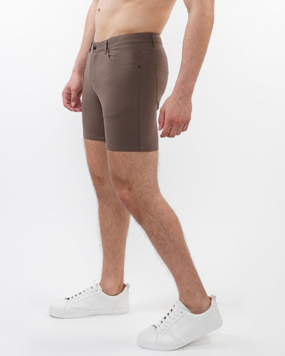 Brown stretch knit slim-fit shorts with classic five-pocket design and belt loops for casual wear