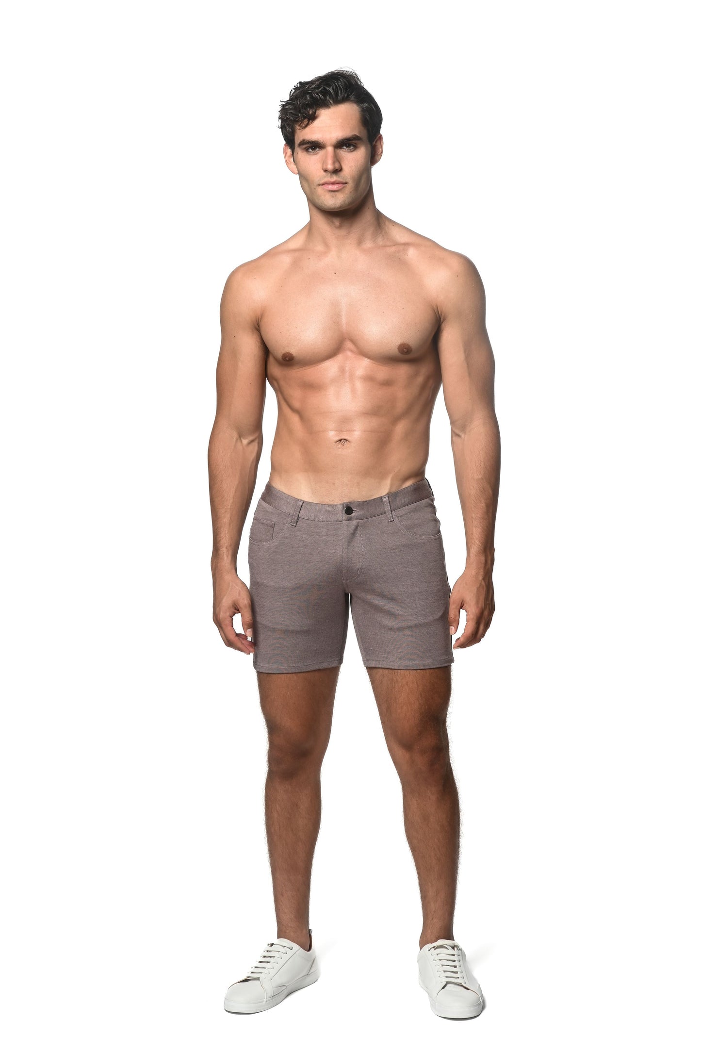 Slim-fit muted gray stretch knit chino shorts with five-pocket design and belt loops for comfortable wear
