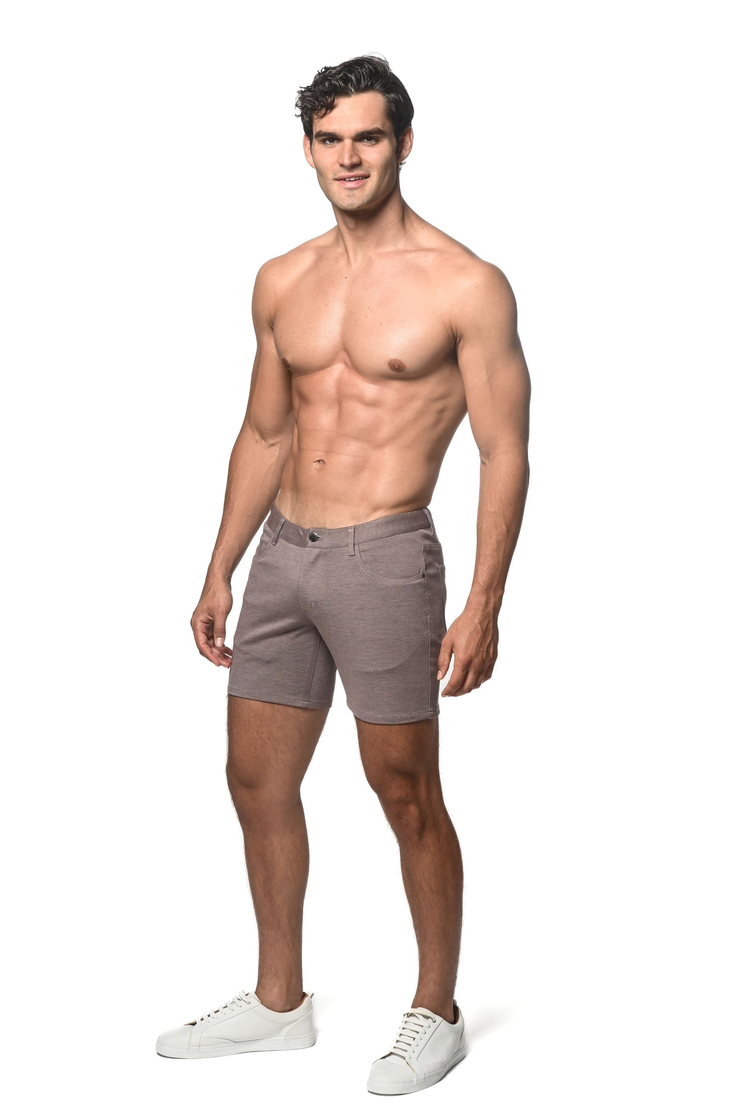 A pair of slim-fit gray stretch knit chino shorts with five-pocket design and belt loops