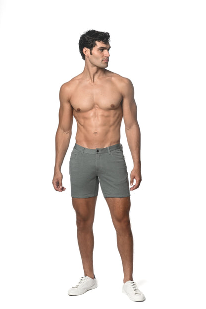 Gray stretch knit chino shorts with classic fit and button closure perfect for casual wear
