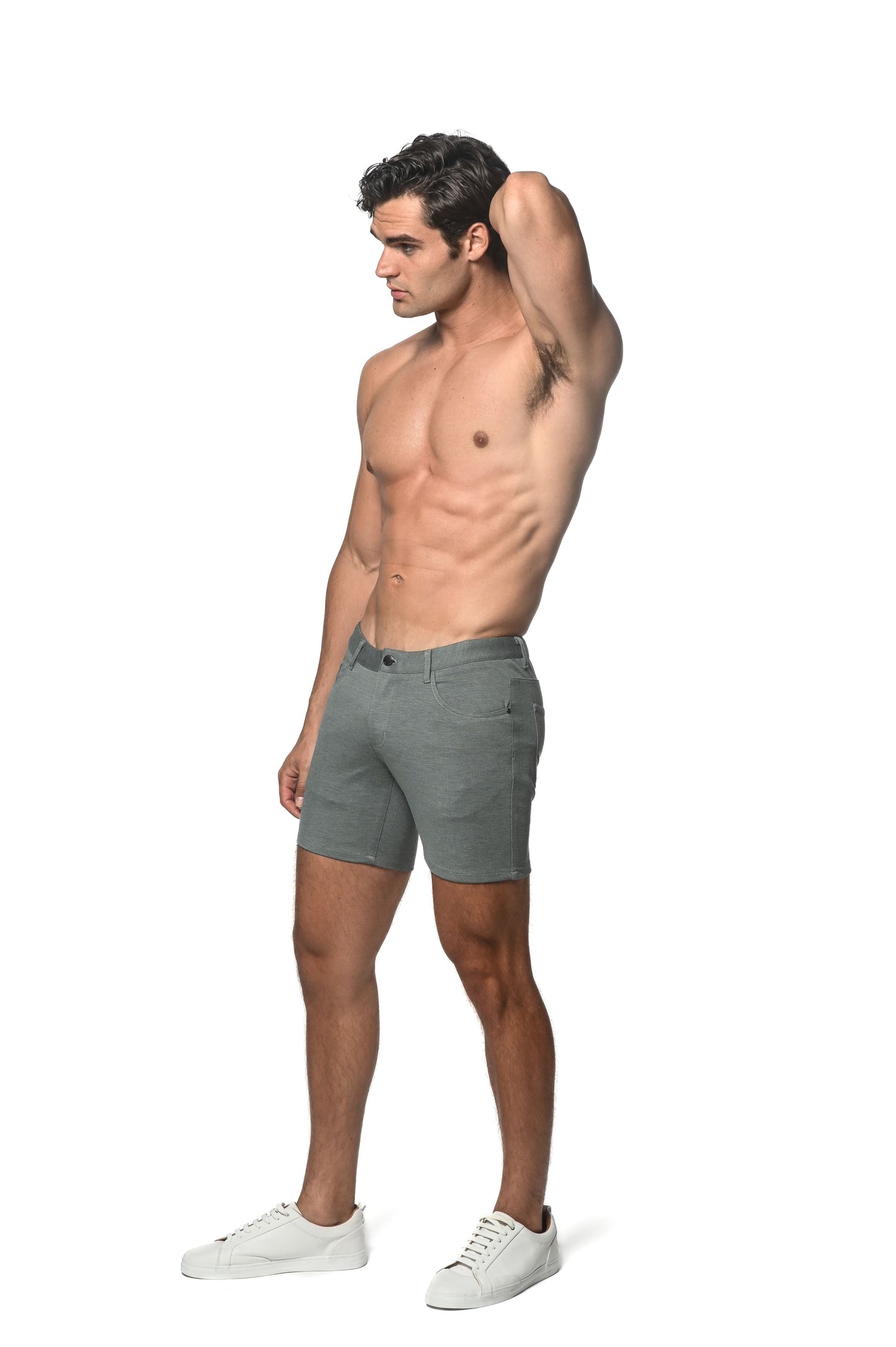 Gray stretch knit denim shorts with classic five-pocket design and belt loops for casual wear