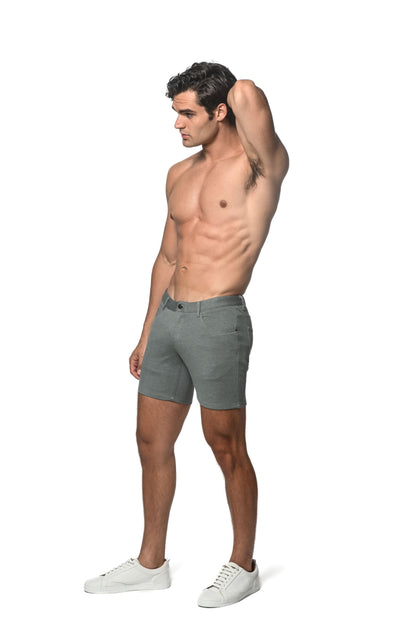 Gray stretch knit denim shorts with classic five-pocket design and belt loops for casual wear