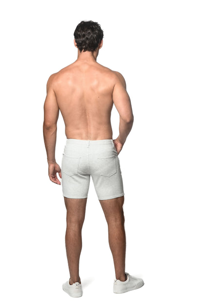 Light gray stretch knit shorts with a modern cut and subtle stitching details for comfortable wear