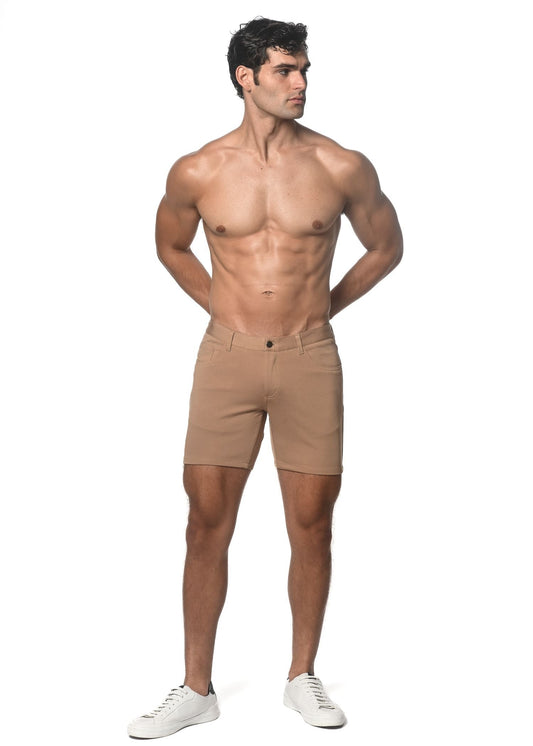 Beige stretch knit chino shorts with classic fit and button closure for comfortable casual wear