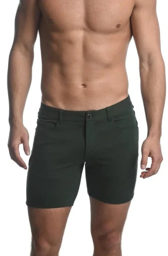 Dark green slim-fit stretch knit chino shorts with classic five-pocket design and belt loops for comfortable wear