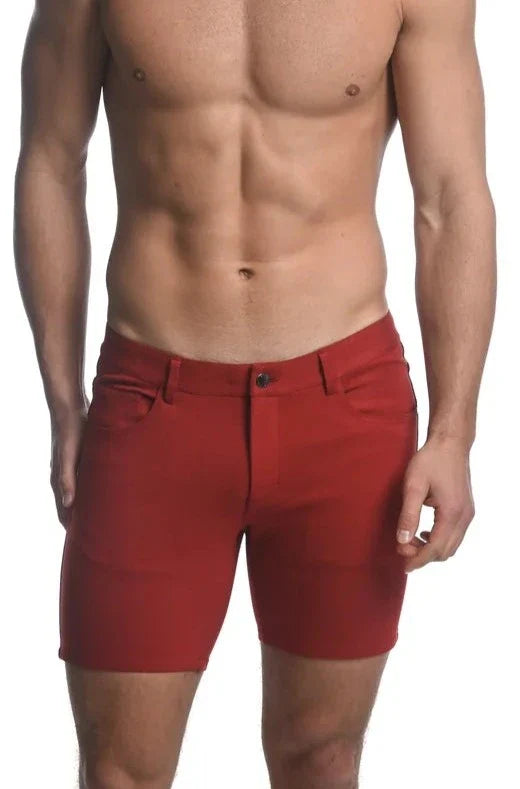 Red men’s stretch knit shorts with tailored fit and classic design for comfortable casual wear
