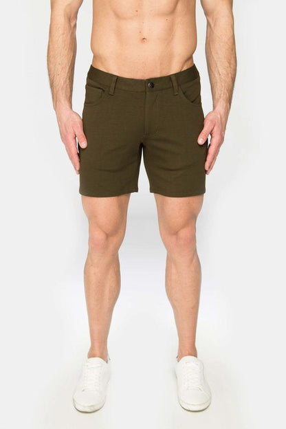 Olive green stretch knit chino shorts with classic fit and button closure for comfortable casual wear