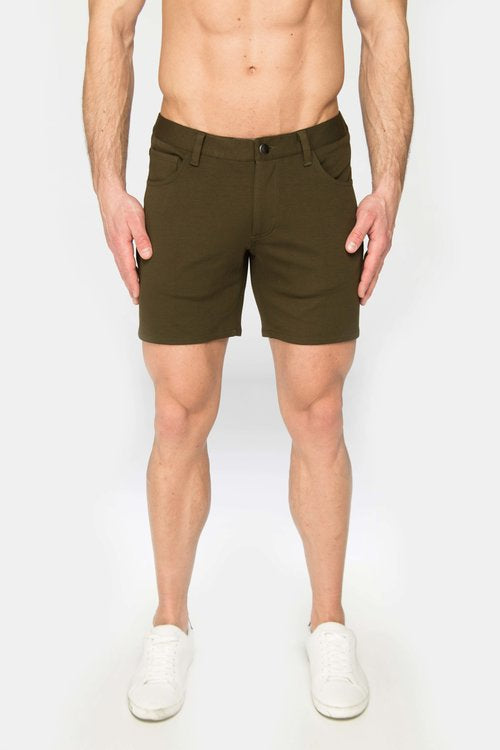 Olive green stretch knit chino shorts with classic fit and button closure for comfortable casual wear