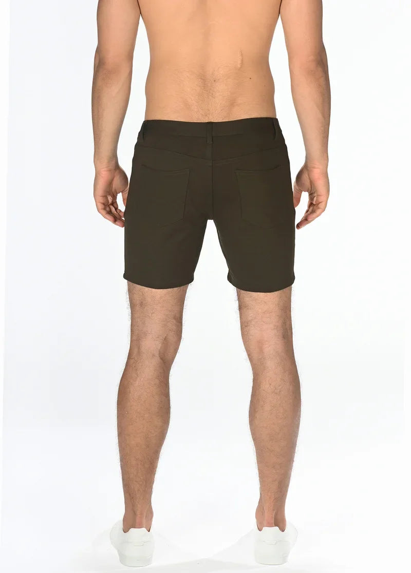 Dark olive stretch knit shorts tailored with a clean-cut design and subtle stitching details for comfortable wear
