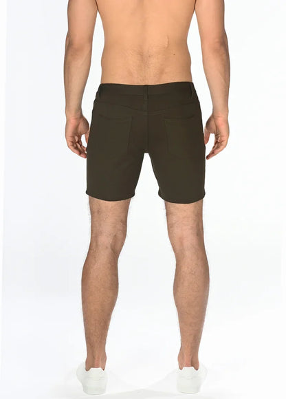 Dark olive stretch knit shorts tailored with a clean-cut design and subtle stitching details for comfortable wear