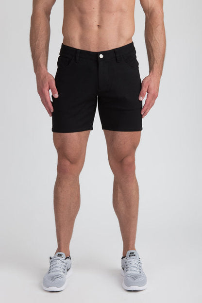 Black stretch knit shorts with classic five-pocket design and single white button closure for casual wear
