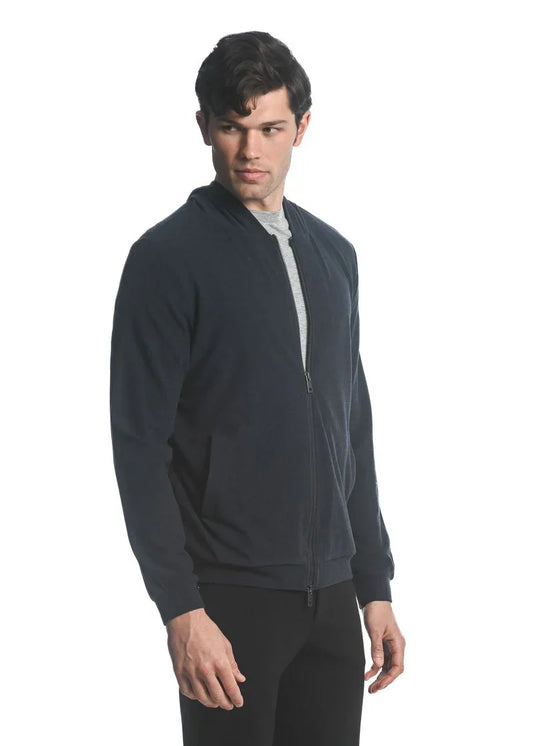 Dark navy blue stretch knit zip-up hoodie with ribbed cuffs and hem in a bomber jacket style