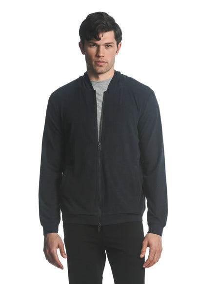 Black stretch knit zip-up hoodie with smooth textured fabric and ribbed cuffs for comfortable casual wear