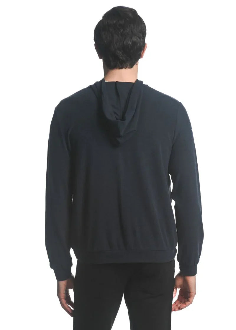 Black stretch knit zip-up hoodie with smooth soft fabric and subtle ribbed cuffs for comfortable wear