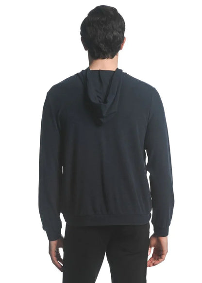 Black stretch knit zip-up hoodie with smooth soft fabric and subtle ribbed cuffs for comfortable wear