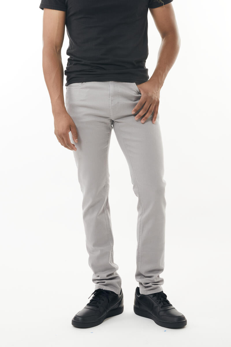 Gray stretch twill slim-fit pants with a clean modern cut and subtle stitching details for versatile wear