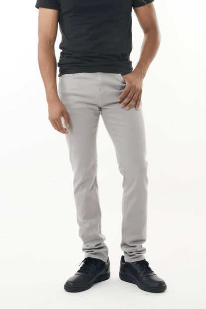 Gray stretch twill slim-fit pants with a clean modern cut and subtle stitching details for versatile wear