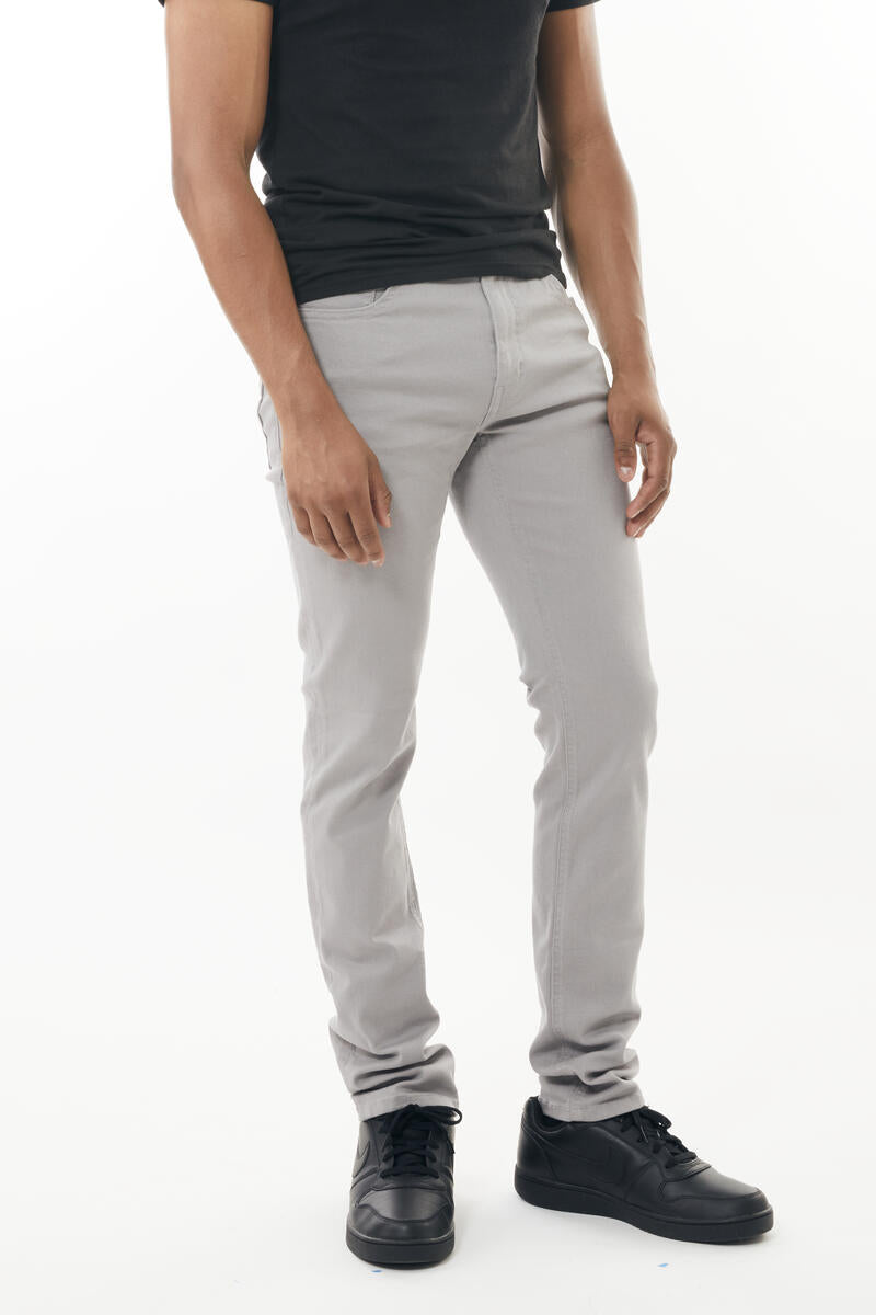 Gray stretch twill pant with slim-fit modern cut and subtle stitching details in durable stretch twill fabric