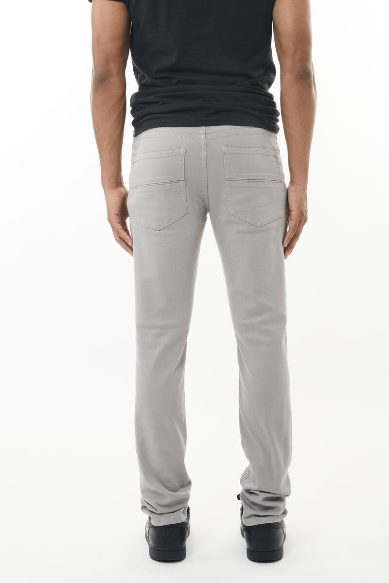Light gray stretch twill pant in slim fit with a clean modern cut and subtle stitching details