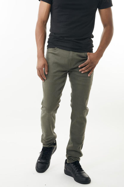 Olive green slim-fit stretch twill pant made from stretch fabric for comfortable everyday wear