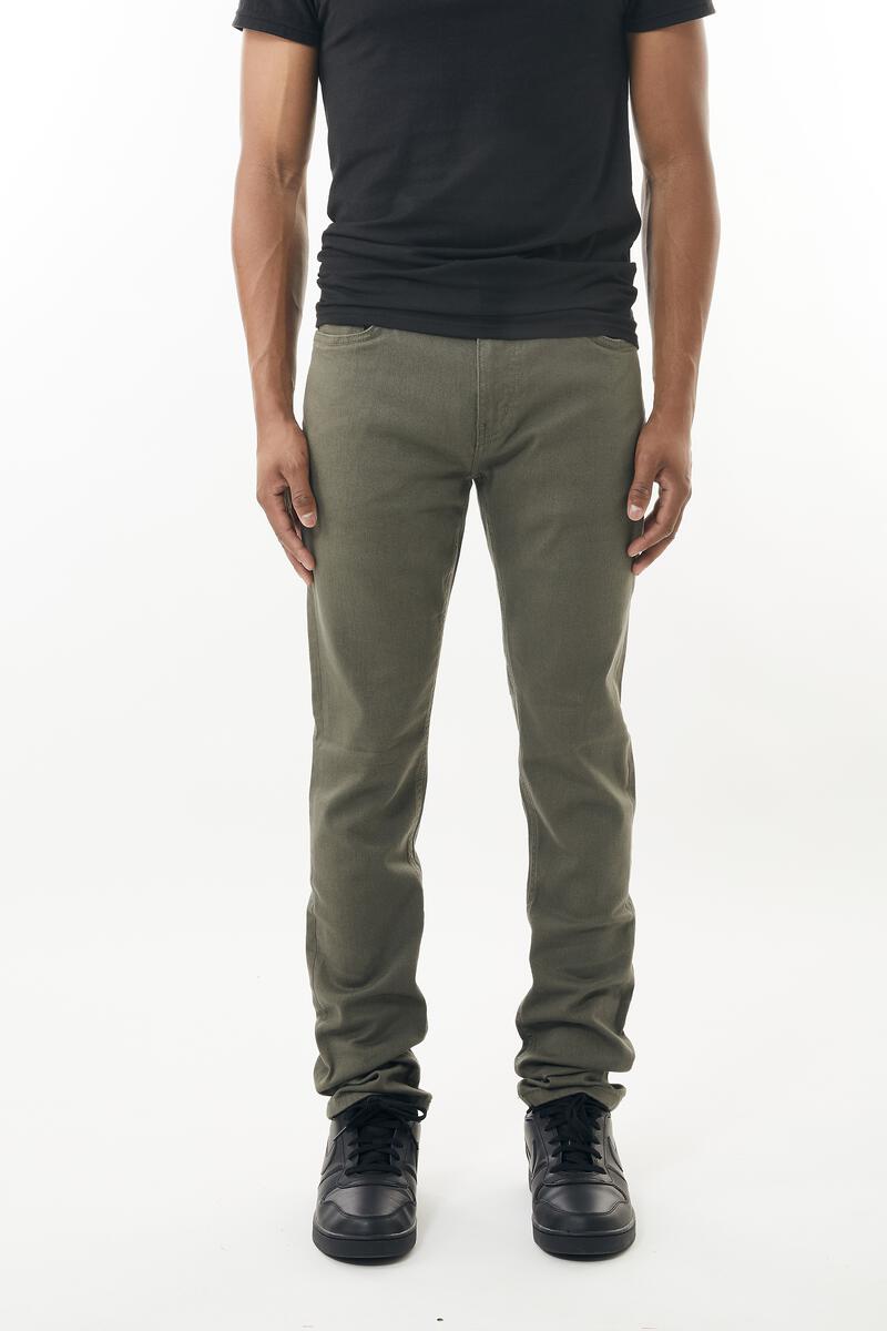 Olive green stretch twill pant made of durable cotton with slim fit and classic five-pocket design