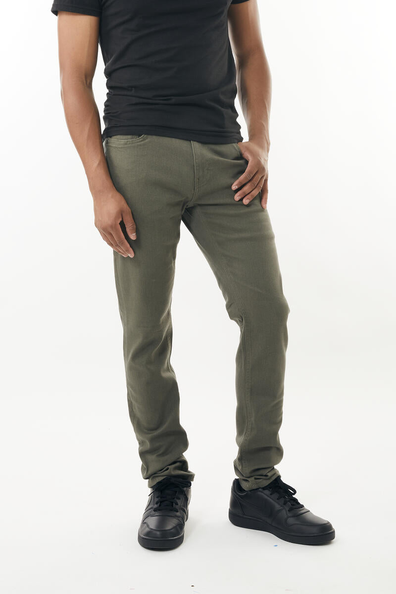 Olive green slim-fit stretch twill pant made from flexible fabric for comfortable everyday wear
