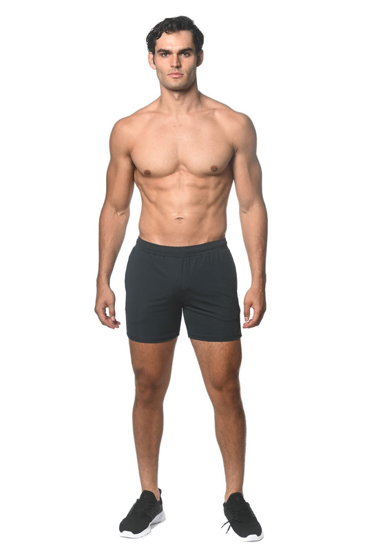 Black stripe stretch performance shorts with subtle textured pattern and elastic waistband for athletic use