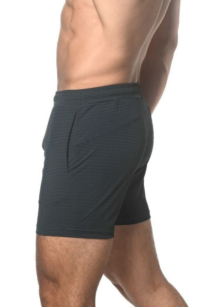 Dark gray stripe stretch performance shorts with subtle horizontal stripes and sleek modern design front view