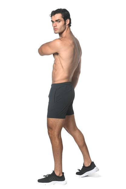 Dark gray textured stripe stretch performance shorts with side pockets and fitted cut for athletic use
