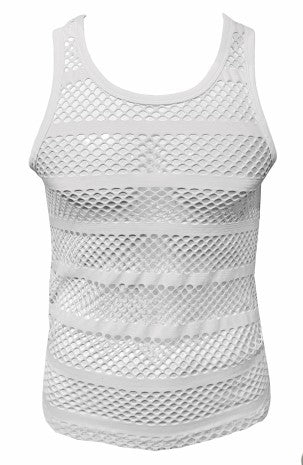 White striped fishnet tank top with horizontal ribbed mesh bands ideal for layering or casual wear