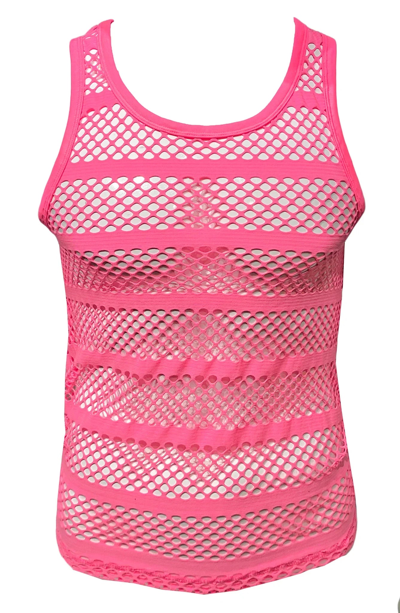 A vibrant pink striped fishnet tank top with horizontal solid fabric bands made of mesh material