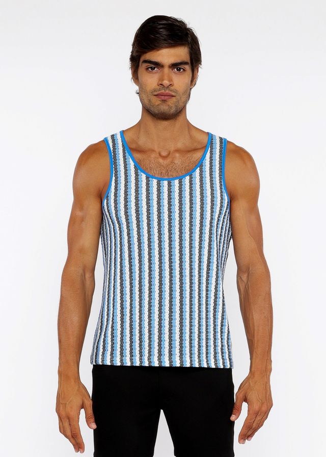 Blue and white striped open knit tank top with ribbed neckline made of lightweight knit fabric for casual wear