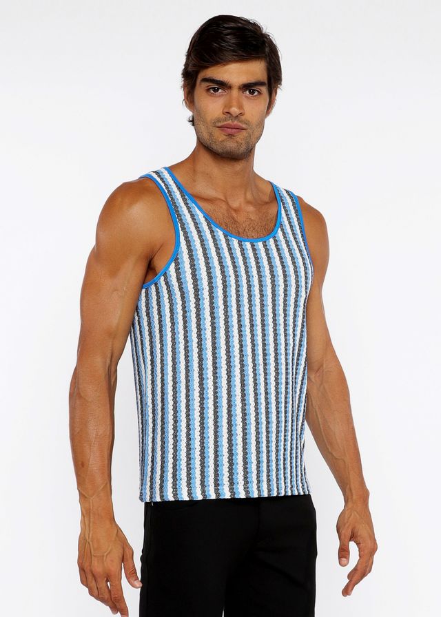 Blue and white striped knit tank top with ribbed neckline knit from lightweight breathable fabric