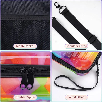 Suitcase handbag rainbow holographic transparent organizer bag with black zipper pulls and adjustable shoulder strap