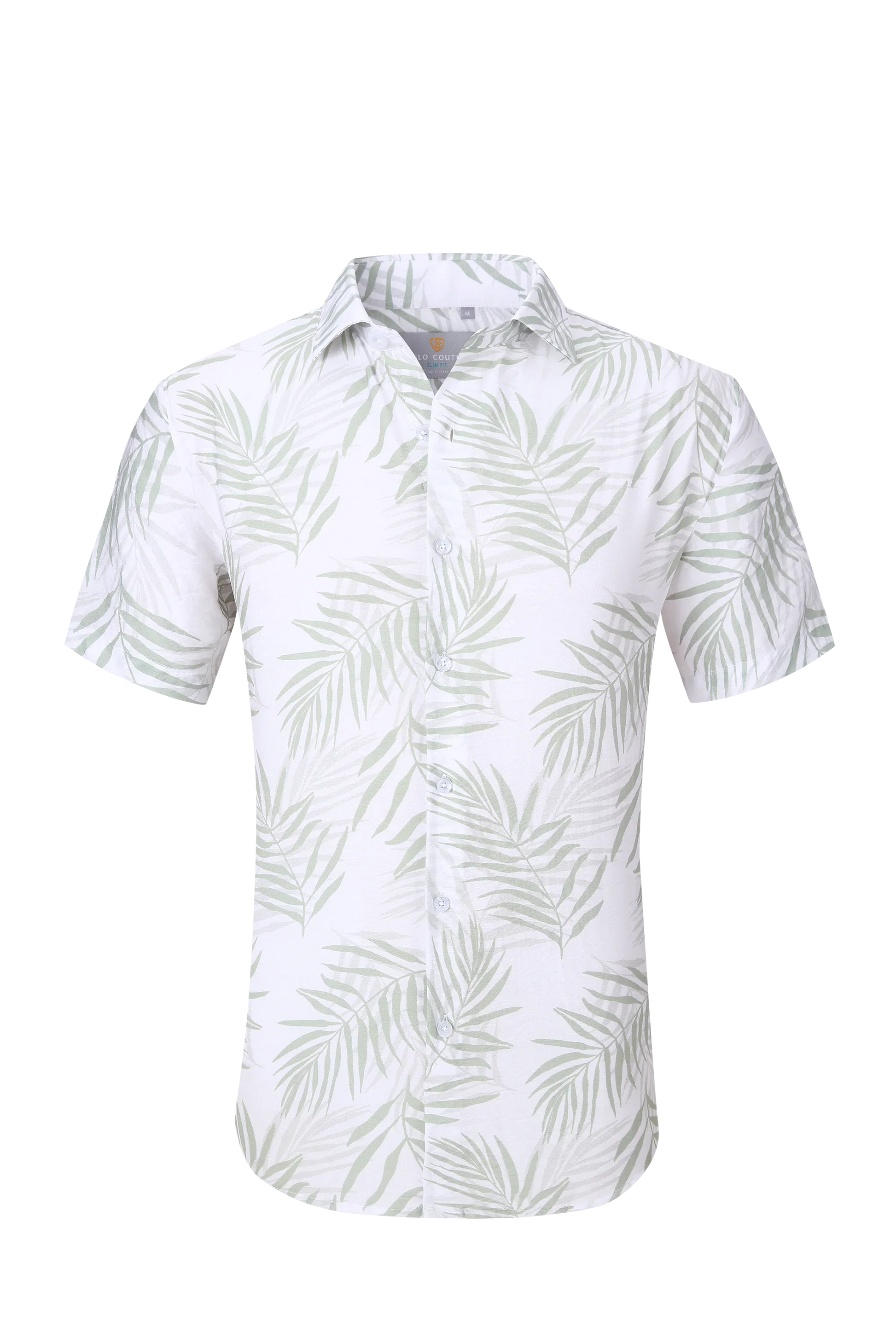 White short-sleeved button-up summer rain s s shirt with light green palm leaf pattern perfect for warm weather