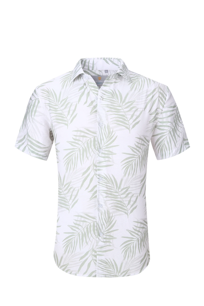 White short-sleeved button-up summer rain s s shirt with light green palm leaf pattern perfect for warm weather