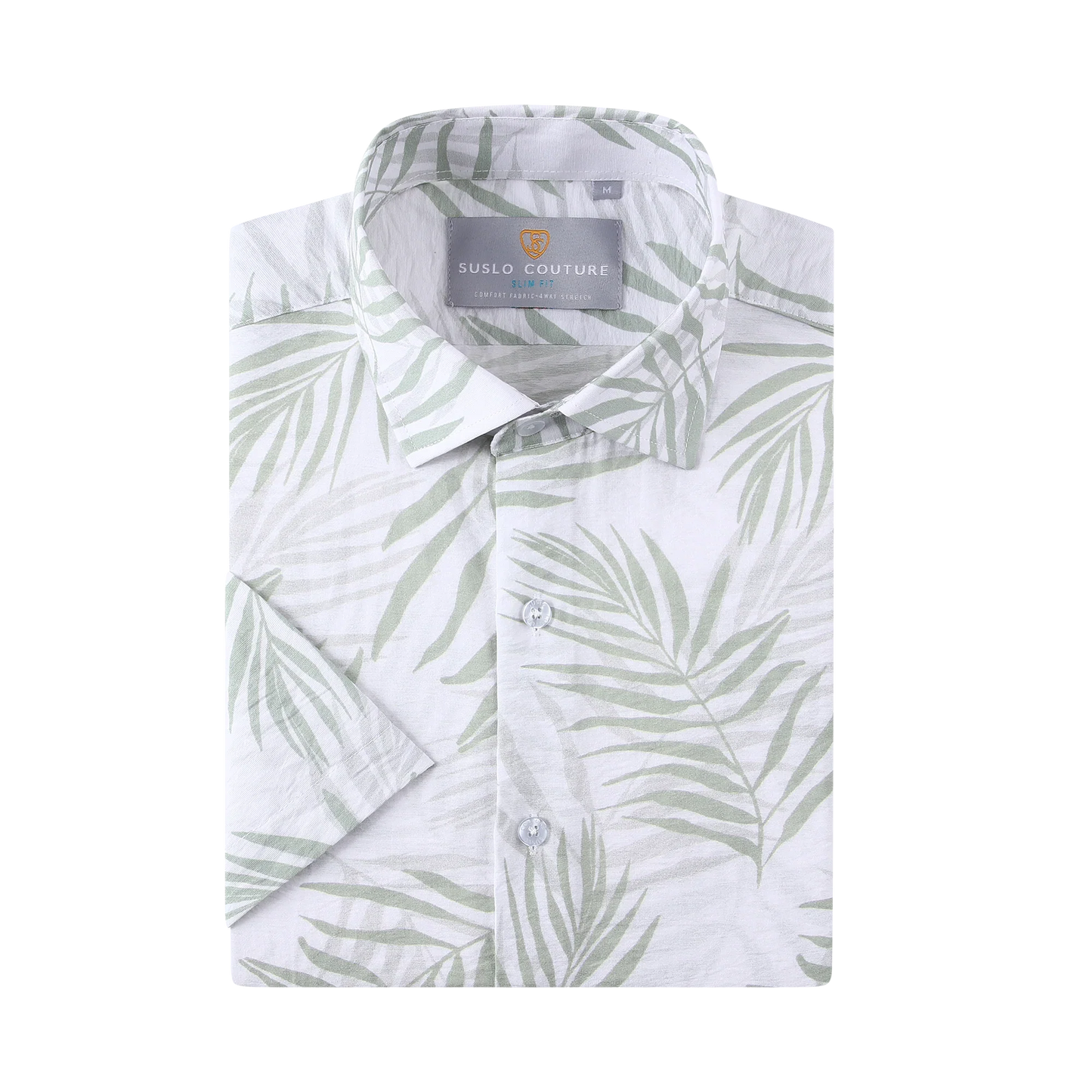 White summer rain s s shirt with subtle green palm leaf pattern short sleeves crisp collar and matching buttons