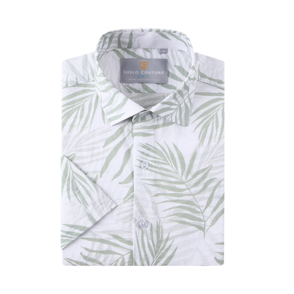 White summer rain s s shirt with subtle green palm leaf pattern short sleeves crisp collar and matching buttons