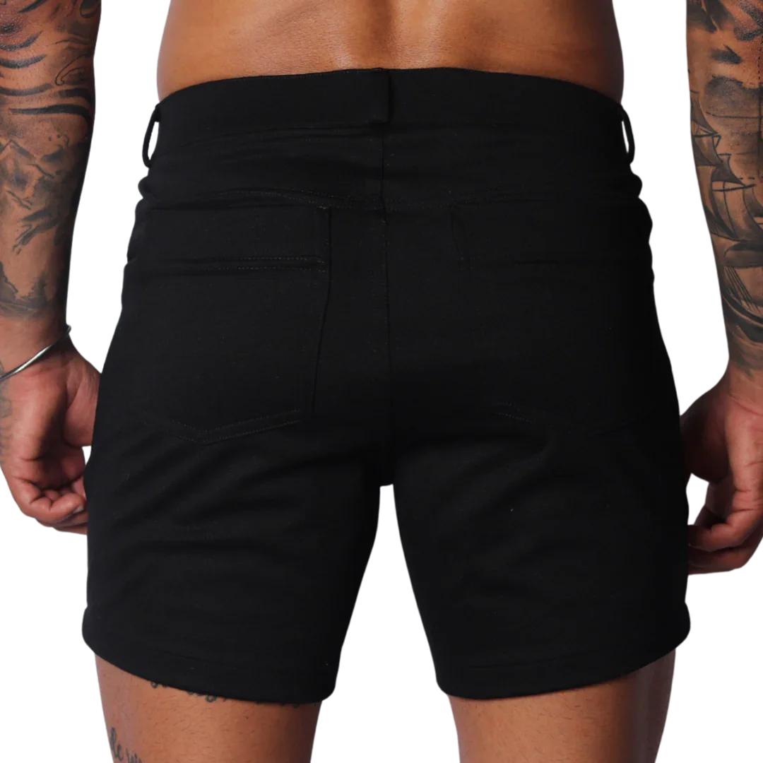 Form-fitting black denim shorts featuring a classic five-pocket design, belt loops, and a clean, minimalist back.