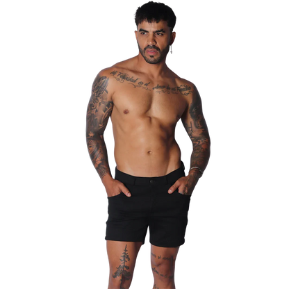 Form-fitting black short-length casual shorts with a flat front, button closure, and side pockets.