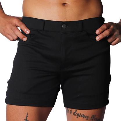 Slim-fit black shorts in a smooth, durable fabric with belt loops, a single button closure, and front pockets.