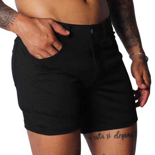 Fitted black denim-style shorts with a button closure, front pockets, and a clean, minimalist design.