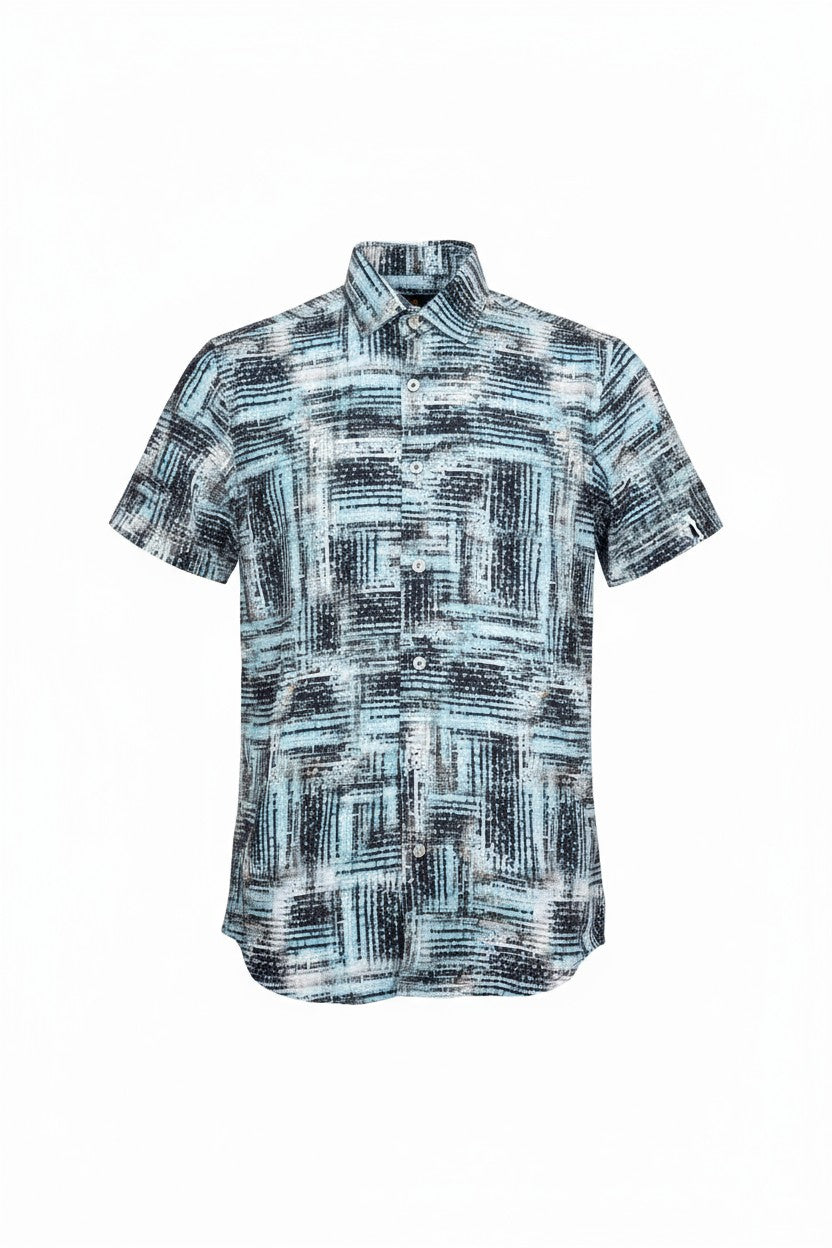 Suslo crinkled fabric s s shirt with modern teal and black abstract geometric pattern and classic collar in lightweight fabric