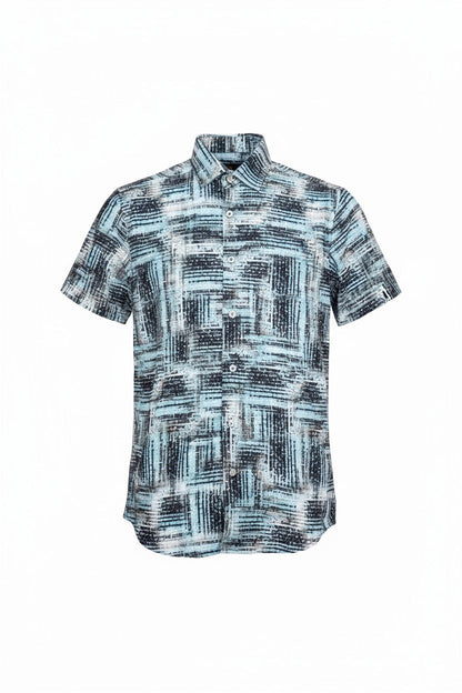 Suslo crinkled fabric s s shirt with modern teal and black abstract geometric pattern and classic collar in lightweight fabric